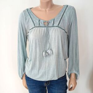 Green-Blue Long Sleeve V-Neck Tie Front Tunic